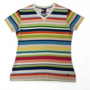 Y2K Tommy Hilfiger Multicolor Striped T-Shirt sz M VTG 90s Piqué Cotton Preppy